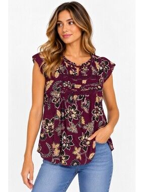 LOFT Blouse Womens XL Dark Purple Floral Print Ruffle Neck Cap Sleeve Boho Top